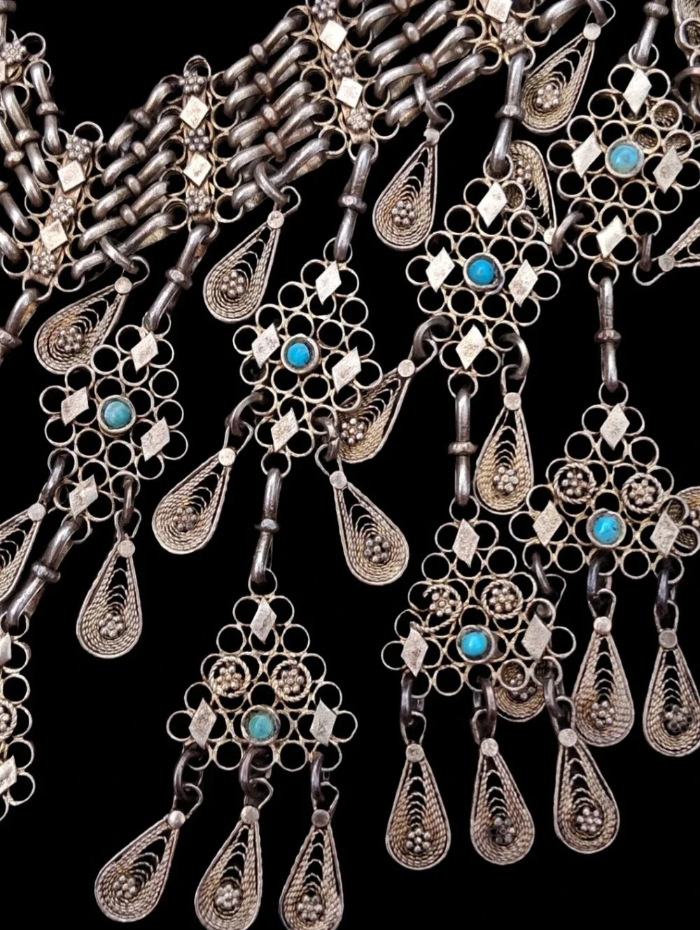 Vintage Filigree Statement Collar Necklace Faux Turquoise Tribal Festival Fringe